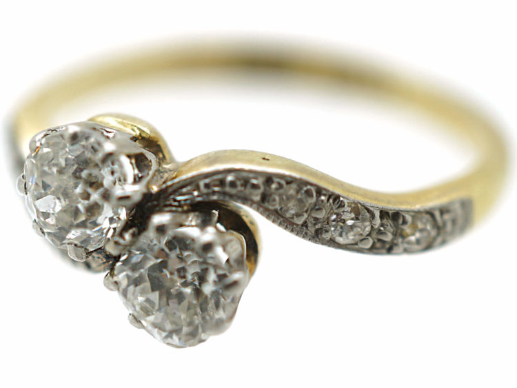 Edwardian 18ct Gold & Platinum Two Stone Diamond Crossover Ring with Diamond Set Shoulders