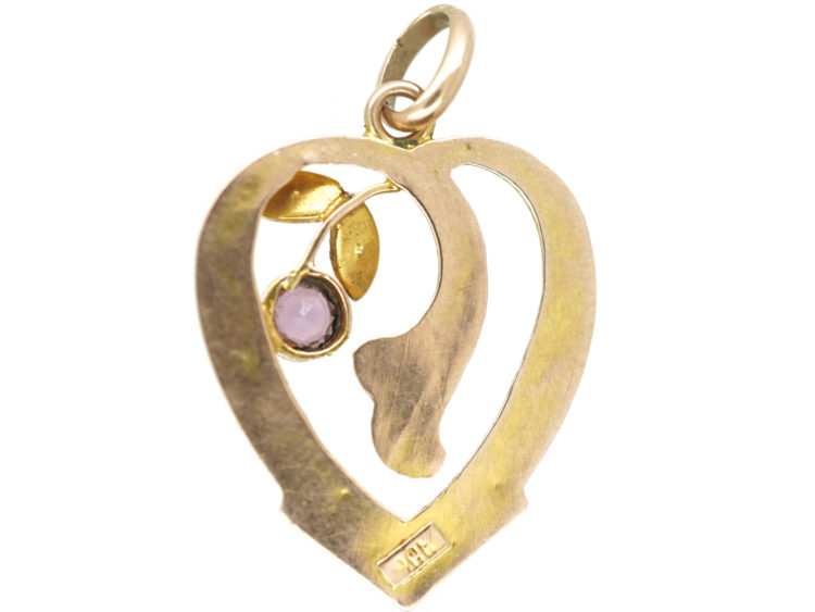 Edwardian 9ct Gold Heart Shaped Pendant set with a Garnet & Natural Split Pearls