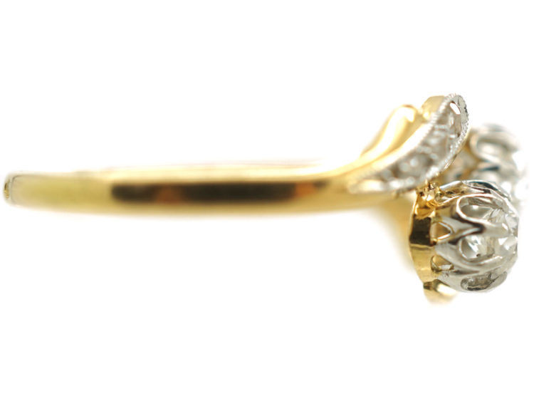 French 18ct Gold Two Stone Diamond Twist Ring with Diamond Set Shoulders