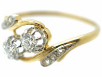 French 18ct Gold Two Stone Diamond Twist Ring with Diamond Set Shoulders
