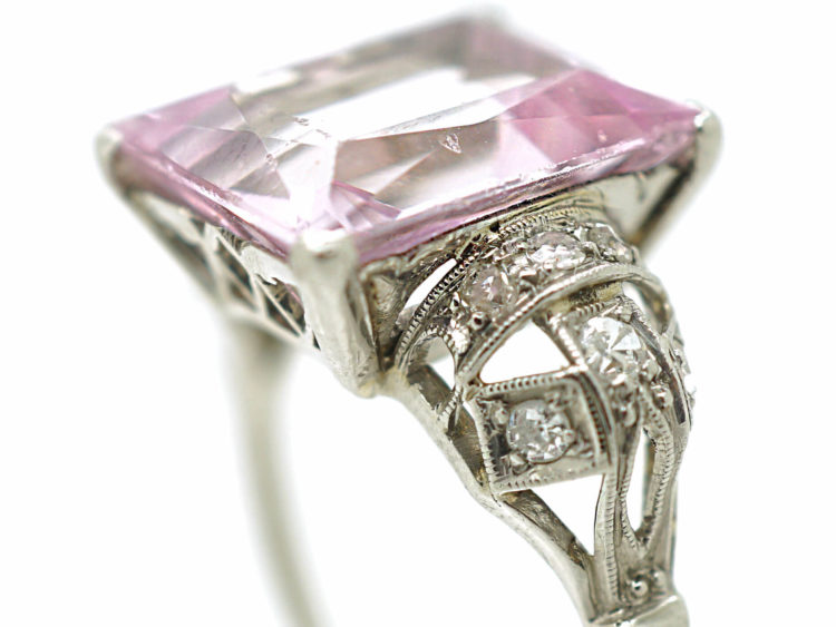 Art Deco Platinum & Rose de France Rectangular Amethyst Ring