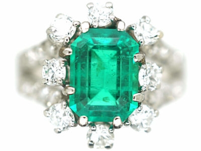 French Platinum Diamond & Emerald Ring