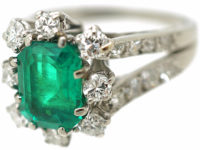 French Platinum Diamond & Emerald Ring