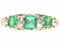 Victorian 18ct Gold Three Stone Emerald & Diamond Carved Half Hoop Ring