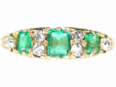 Victorian 18ct Gold Three Stone Emerald & Diamond Carved Half Hoop Ring