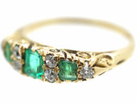 Victorian 18ct Gold Three Stone Emerald & Diamond Carved Half Hoop Ring