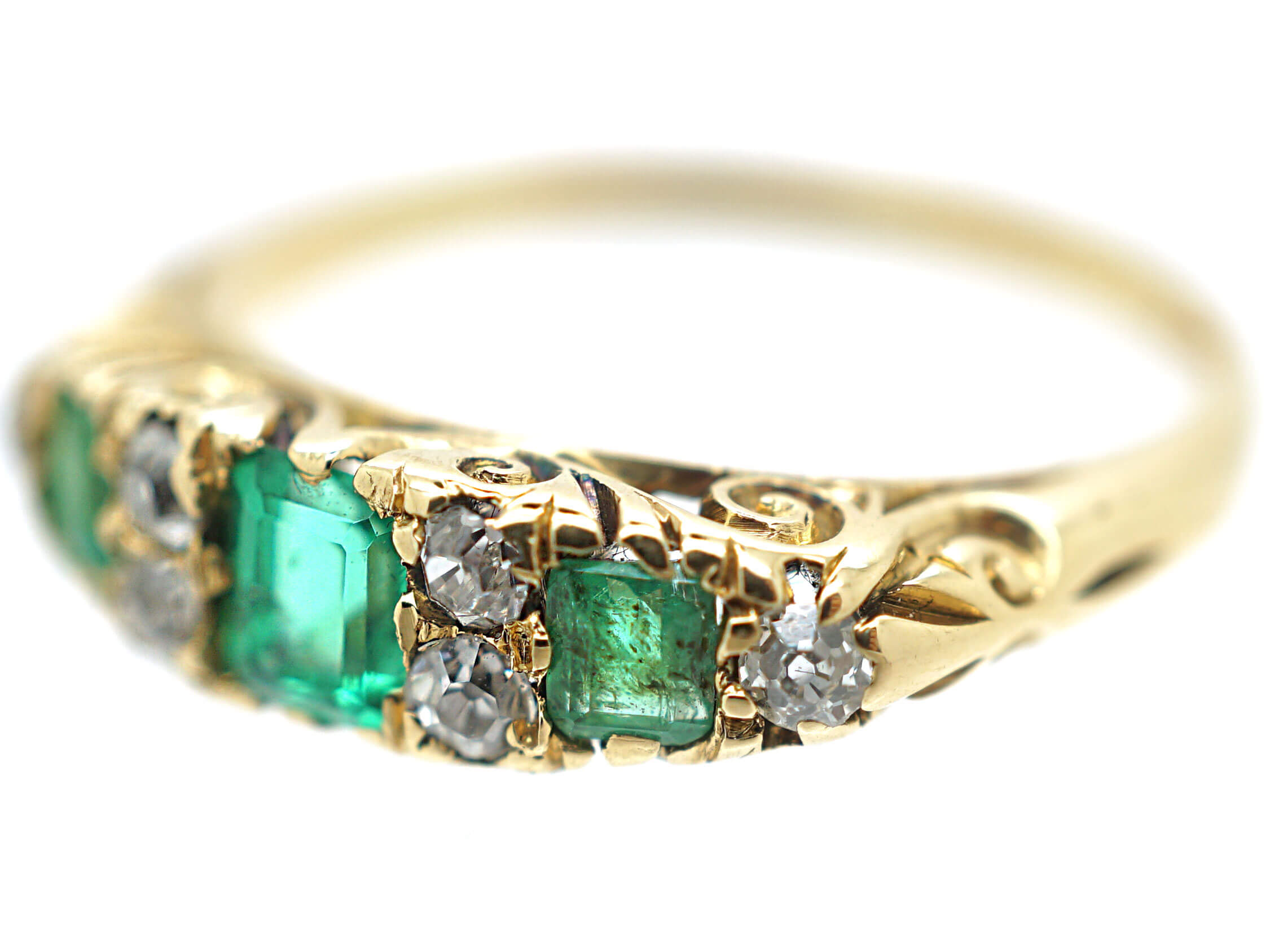 Victorian 18ct Gold Three Stone Emerald & Diamond Carved Half Hoop Ring ...