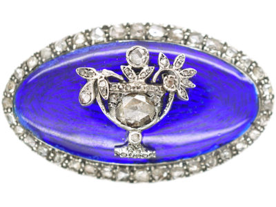 Georgian 15ct Gold, Rose Diamond & Blue Enamel Brooch with Flower Basket Motif