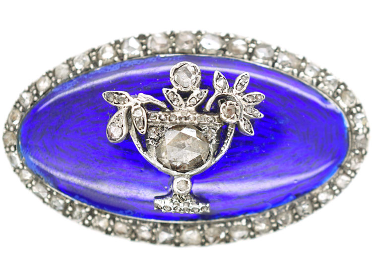 Georgian Rose Diamond & Blue Enamel Brooch