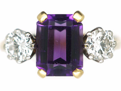 Art Deco 18ct Gold & Platinum, Rectangular Cut Amethyst & Diamond Three Stone Ring