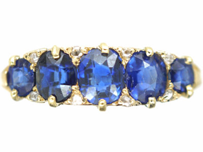 Victorian 18ct Gold Five Stone Sapphire & Rose Diamond Carved Half Hoop Ring