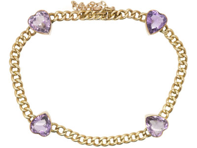 Edwardian 9ct Gold & Amethyst Hearts Bracelet