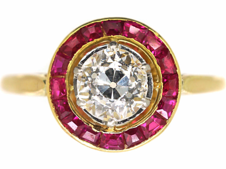 French Art Deco 18ct Gold, Ruby & Diamond Target Ring
