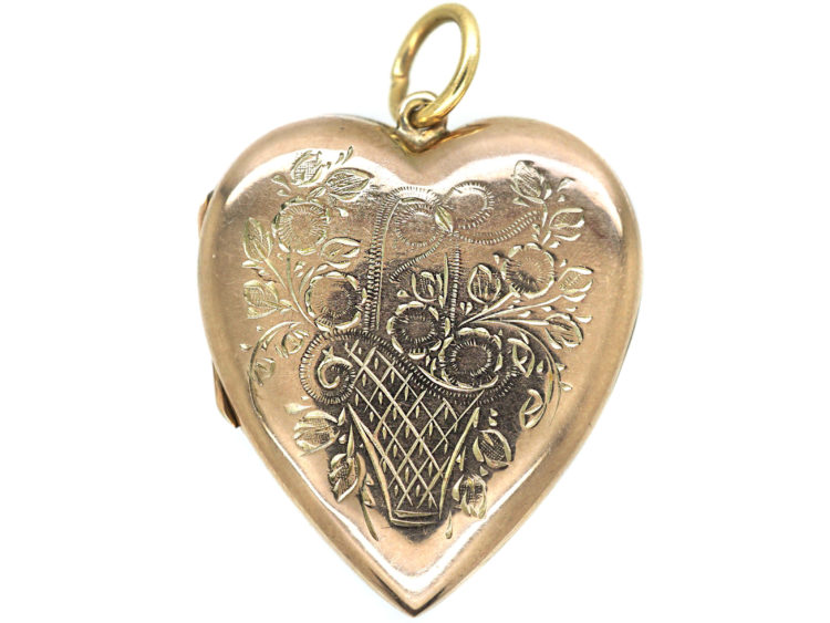 Edwardian 9ct gold Heart Shaped Locket with Flower Basket Detail