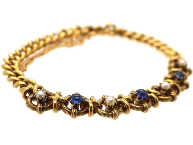 Edwardian 15ct Gold Cabochon Sapphire & Natural Pearl Bracelet
