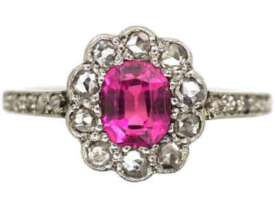 Edwardian 18ct White Gold & Platinum, Pink Sapphire & Rose Diamond Cluster Diamond Ring with Rose Diamond Shoulders