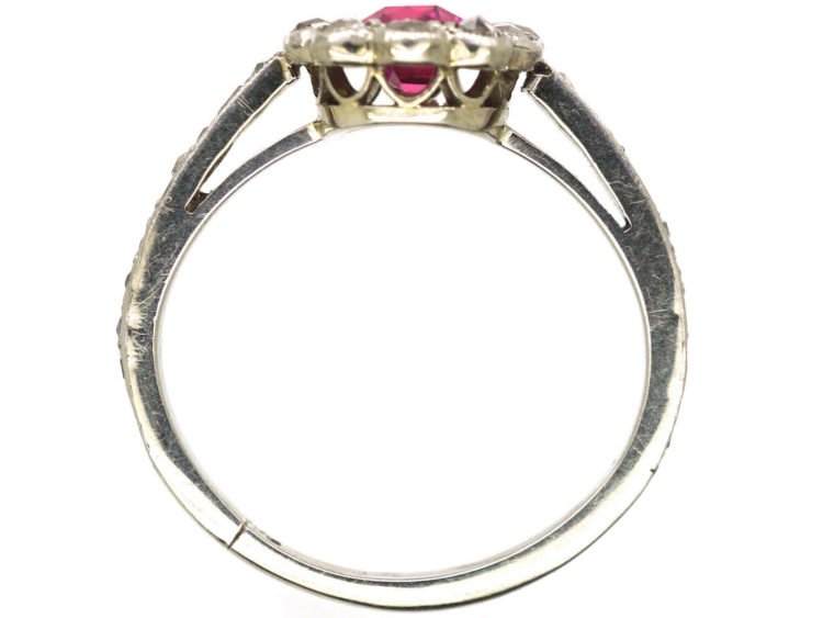 Edwardian 18ct White Gold & Platinum, Pink Sapphire & Rose Diamond Cluster Diamond Ring with Rose Diamond Shoulders