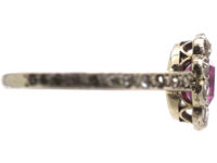 Edwardian 18ct White Gold & Platinum, Pink Sapphire & Rose Diamond Cluster Diamond Ring with Rose Diamond Shoulders