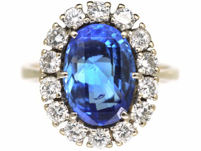 14ct White Gold Large Natural Ceylon Sapphire & Diamond Cluster Ring