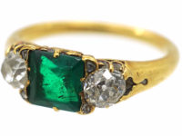 Victorian 18ct Gold Emerald & Diamond Three Stone Ring