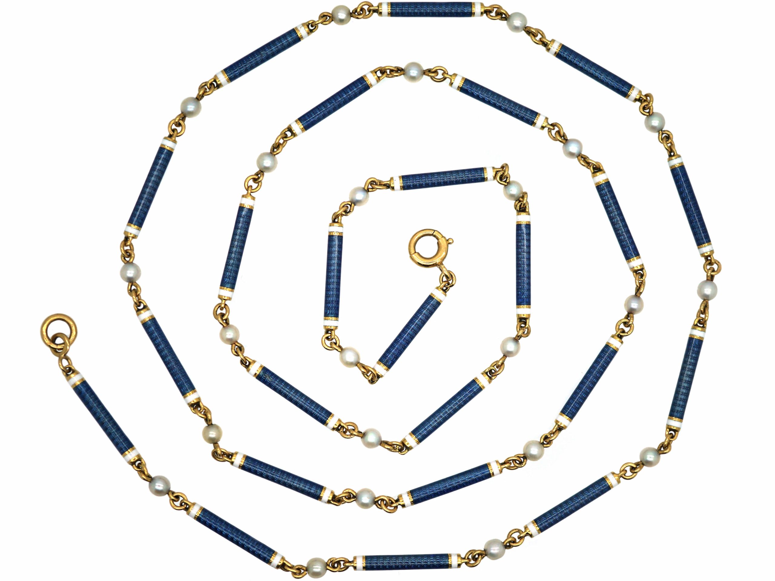 French Belle Epoque 18ct Gold, Blue & White Enamel & Natural Pearls Chain French Belle Epoque 18ct Gold, Blue & White Enamel & Natural Pearls Chain