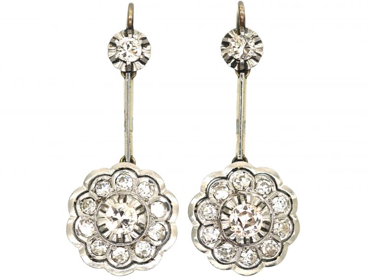 Art Deco 14ct White & Yellow Gold & Diamond Drop Cluster Earrings