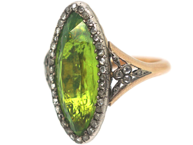 French Belle Epoque 18ct Gold, Peridot & Rose Diamond Marquise Ring