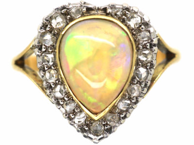 Edwardian 18ct Gold, Diamond & Opal Heart Shaped Ring