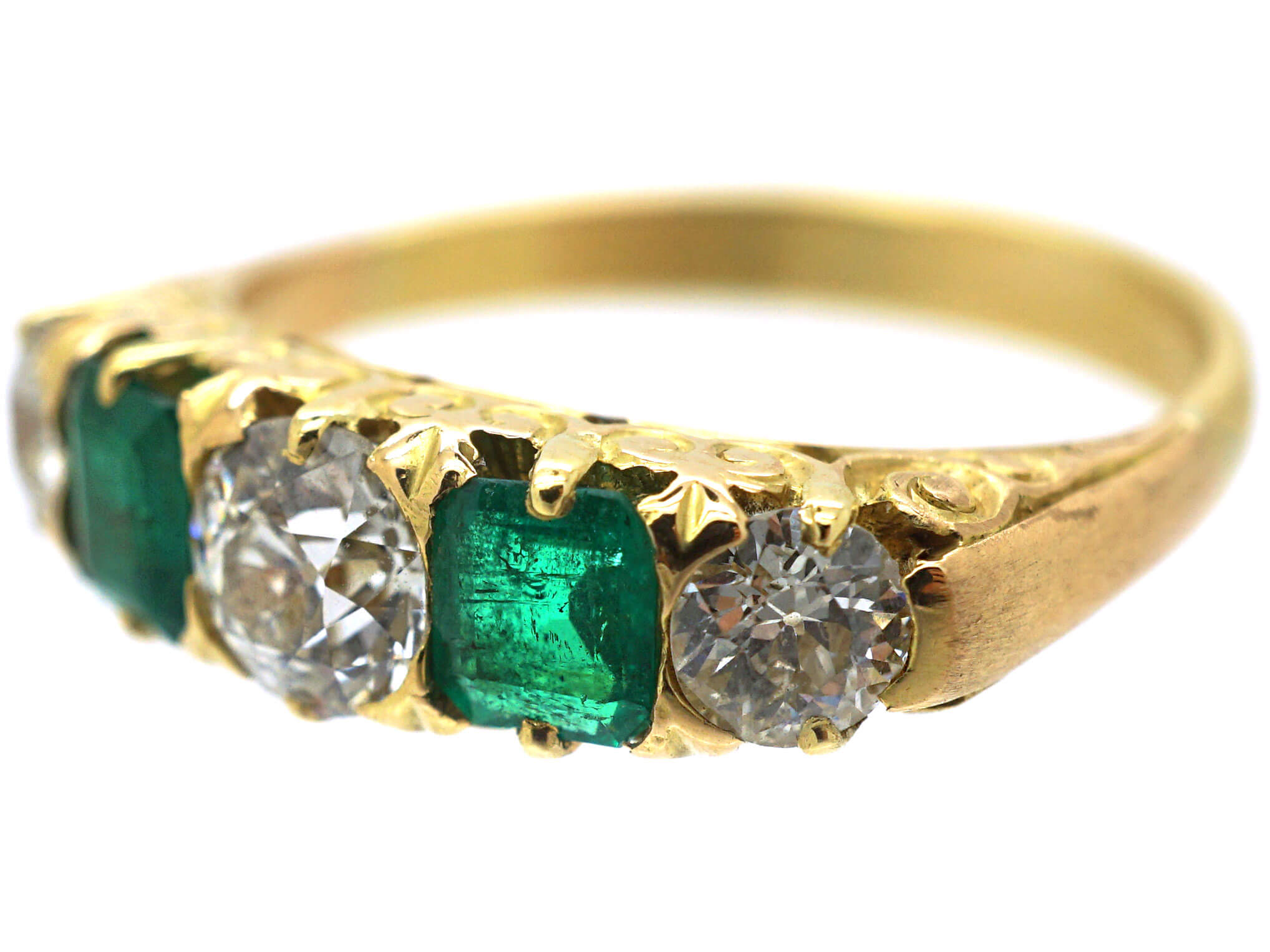 Victorian 18ct Gold, Emerald & Diamond Five Stone Carved Half Hoop Ring ...