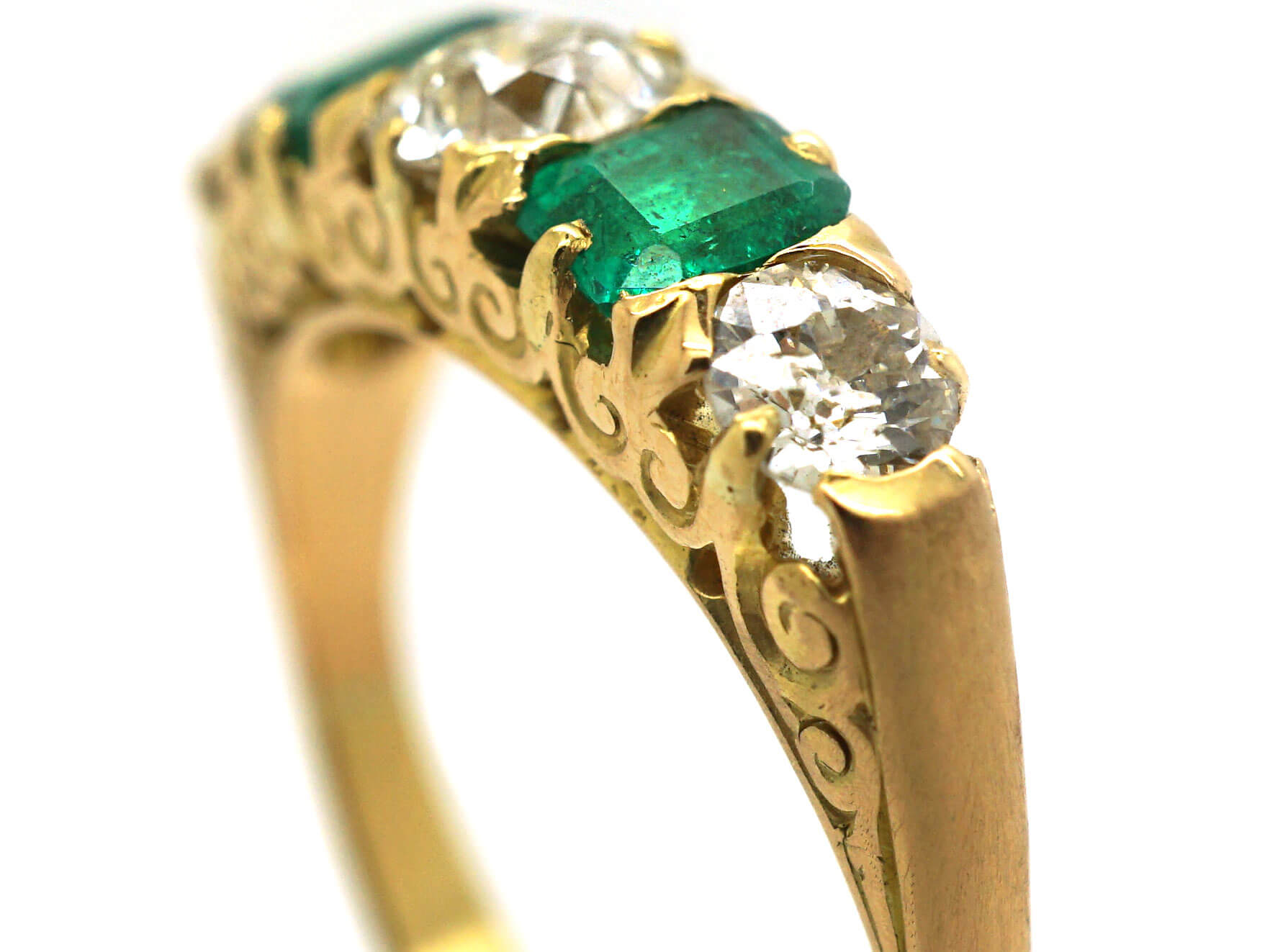 Victorian 18ct Gold Emerald And Diamond Five Stone Carved Half Hoop Ring