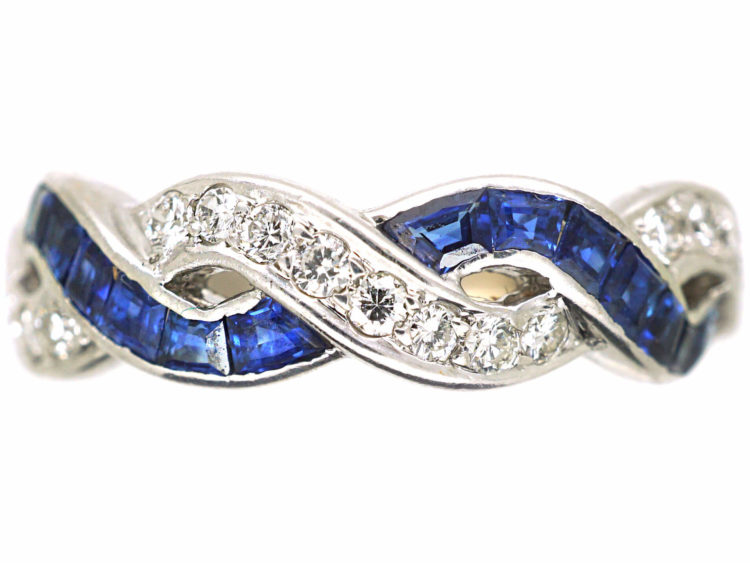 Art Deco 18ct White Gold, Sapphire & Diamond Interwoven Ribbon Design Ring