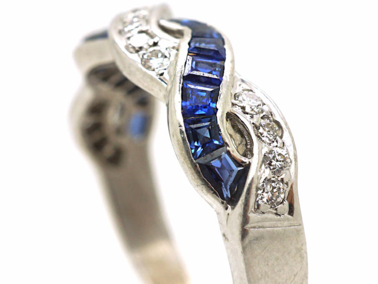 Art Deco 18ct White Gold, Sapphire & Diamond Interwoven Ribbon Design Ring