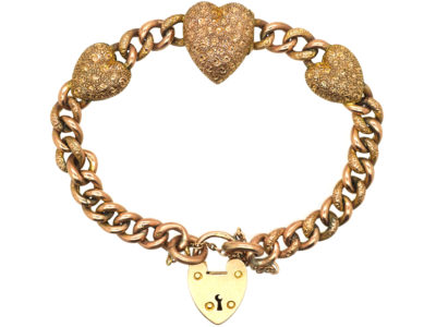 Edwardian 9ct Rose Gold Three Hearts Curb Bracelet with Locket