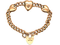 Edwardian 9ct Rose Gold Three Hearts Curb Bracelet with Locket