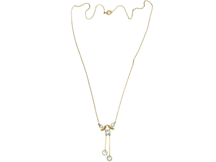 Edwardian 15ct Gold Double Drop Aquamarine & Natural Split Pearl Necklace