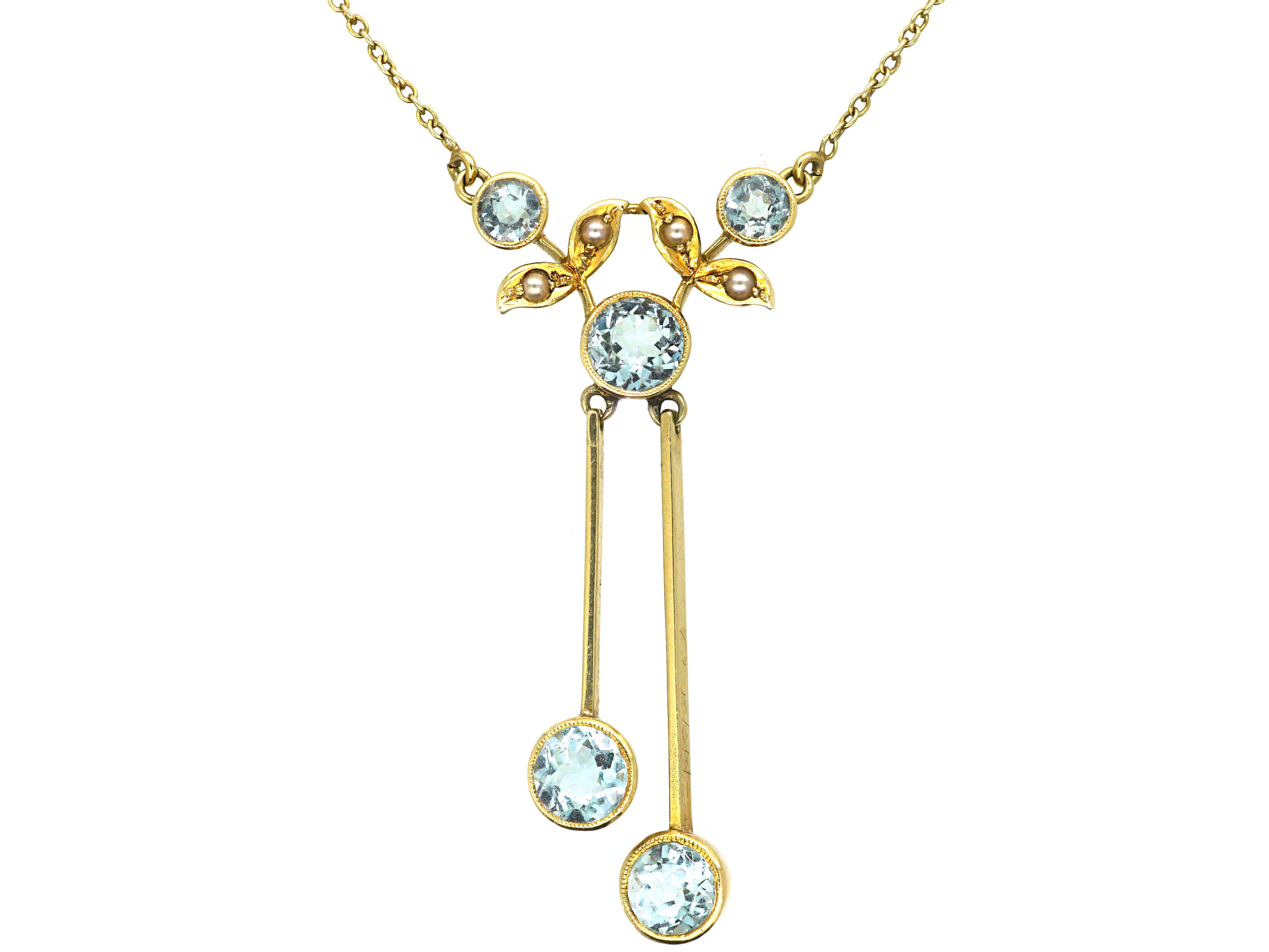 Edwardian 15ct Gold Double Drop Aquamarine And Natural Split Pearl Necklace 378n The Antique 7191