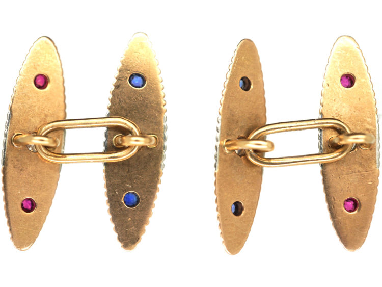 Art Deco 15ct Gold, Platinum, Diamond Sapphire & Ruby Torpedo Shaped Cufflinks