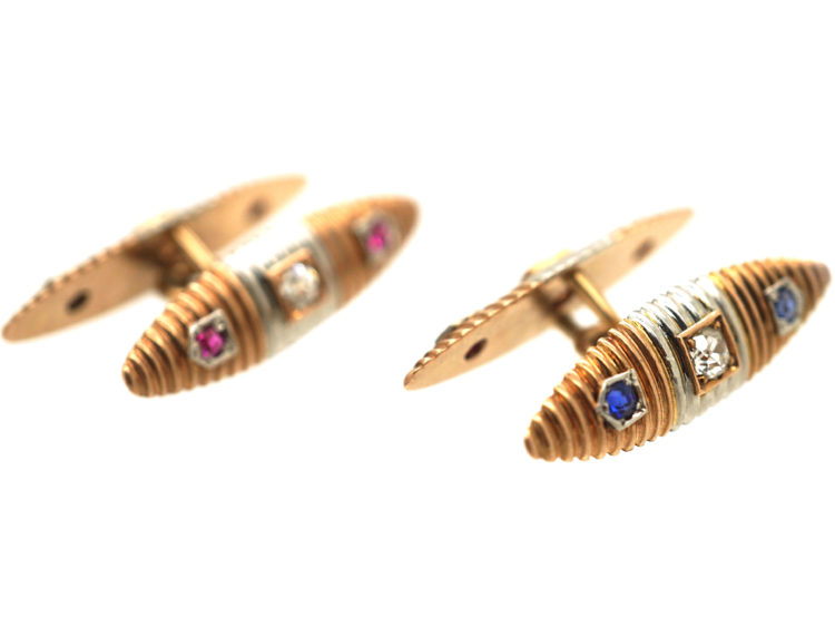 Art Deco 15ct Gold, Platinum, Diamond Sapphire & Ruby Torpedo Shaped Cufflinks