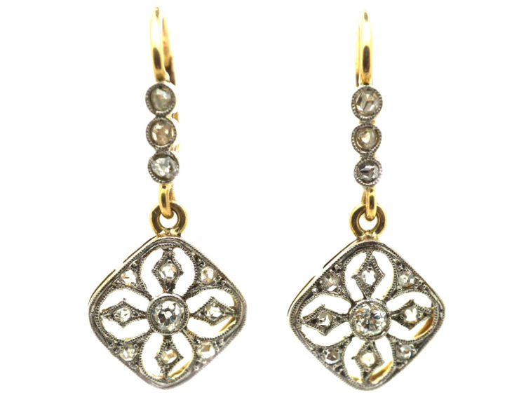 Edwardian 14ct Gold & Platinum Diamond Drop Earrings