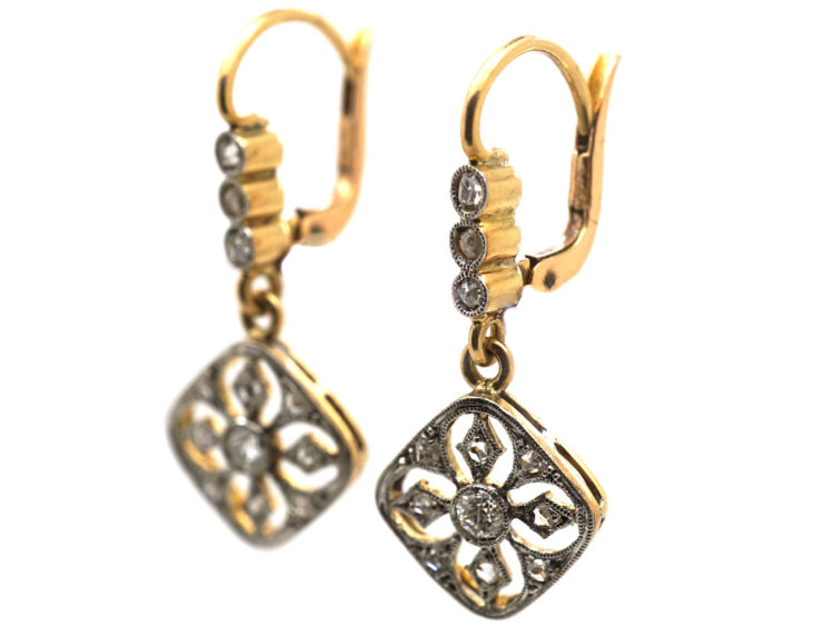 Edwardian 14ct Gold & Platinum Diamond Drop Earrings