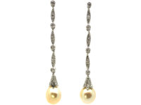 Art Deco Platinum, Natural Saltwater Pearl & Diamond Drop Earrings