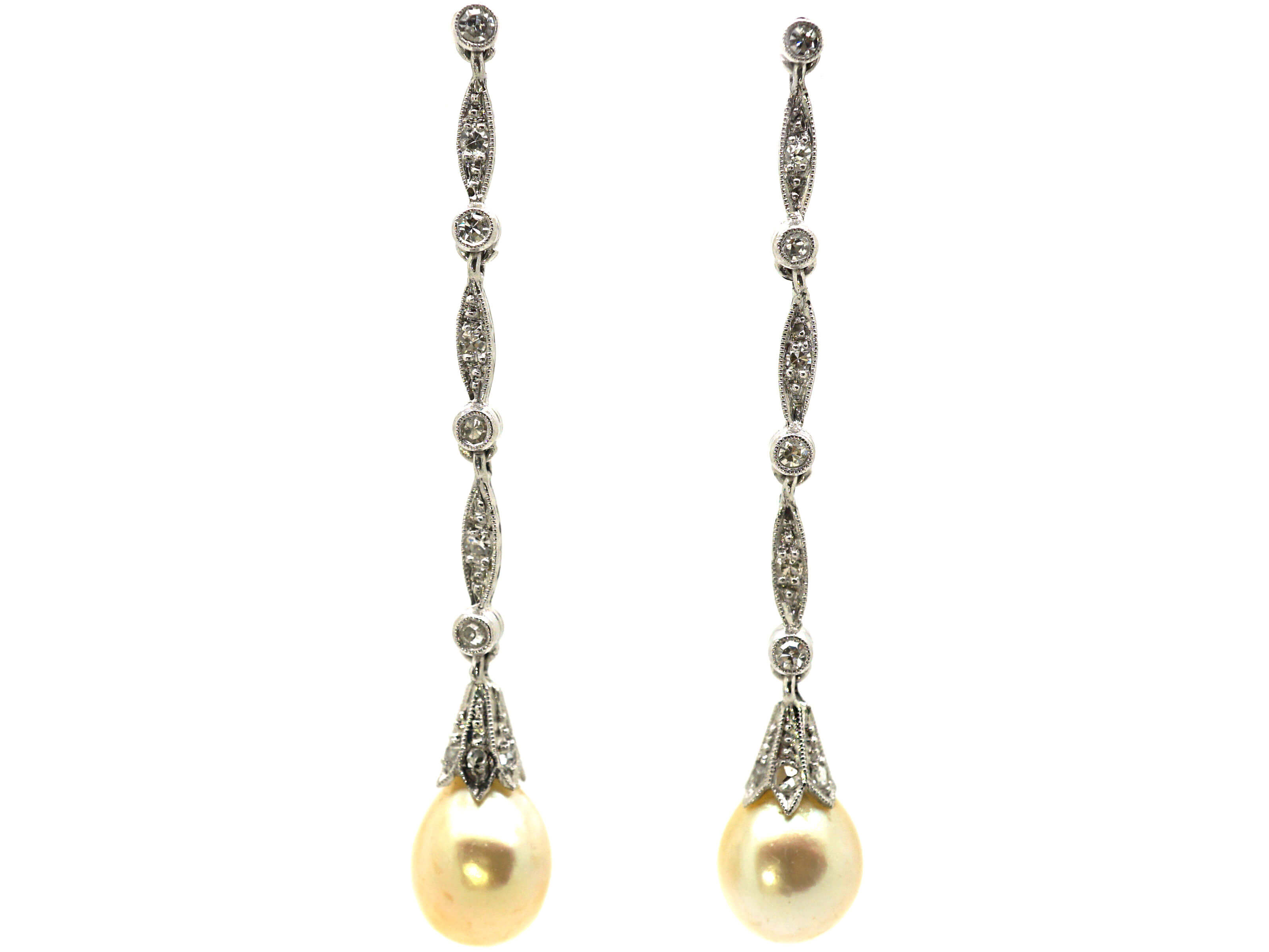 Art Deco Platinum, Natural Saltwater Pearl & Diamond Drop Earrings ...