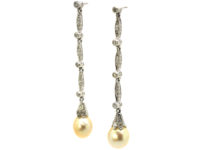 Art Deco Platinum, Natural Saltwater Pearl & Diamond Drop Earrings