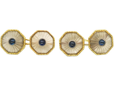 Art Deco 18ct Gold, Rock Crystal & Cabochon Sapphire Octagonal Shaped Cufflinks