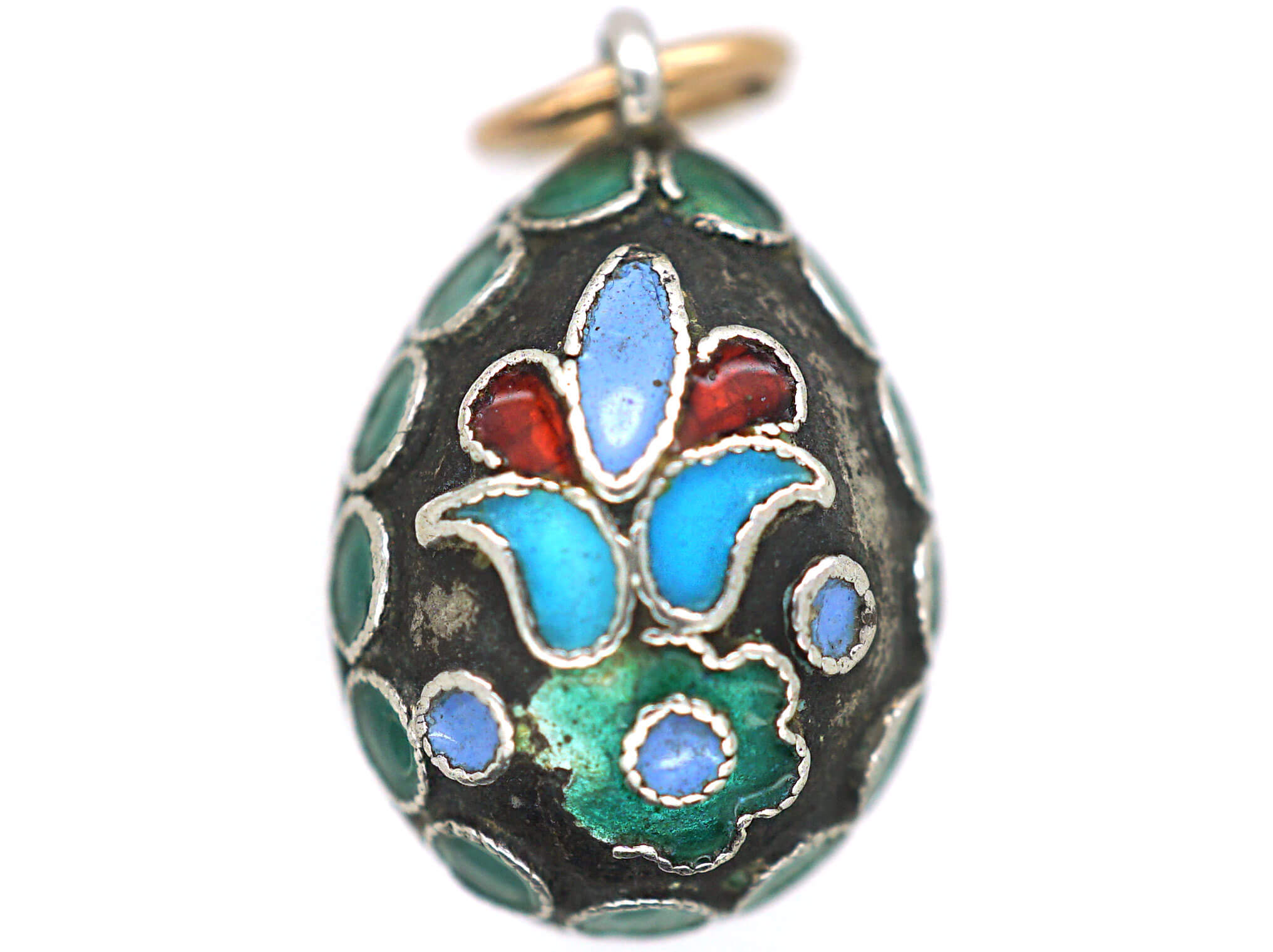 Vintage 960 Silver Russian Enamel Floral Egg Charm Pendant Blue Flowers Green Swirl Leaves Collectible Pendant store Bracelet Charm Russia