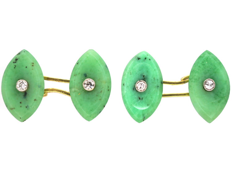 Art Deco Jade & Diamond Navette Shaped Cufflinks