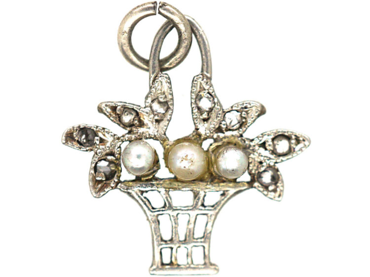 Edwardian 15ct Gold & Platinum, Natural Pearl & Rose diamond Basket Charm