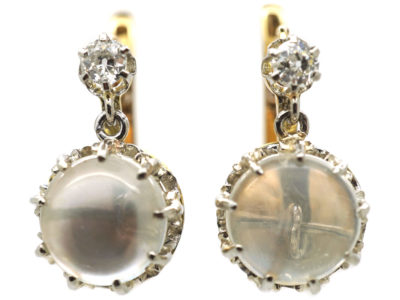 French 18ct Gold, Moonstone & Diamond Earrings