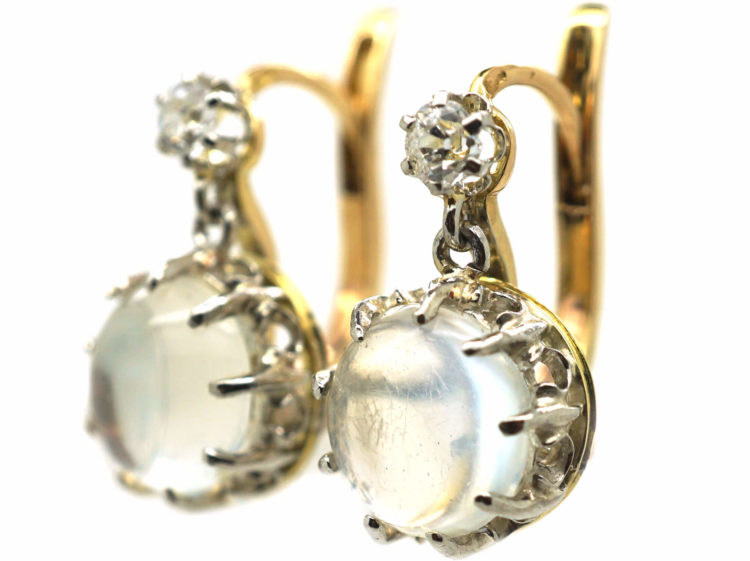 French 18ct Gold, Moonstone & Diamond Earrings