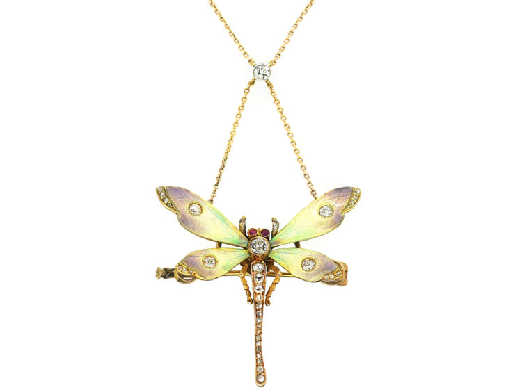 Art Nouveau Dragonfly Pendant on Chain in Original Case